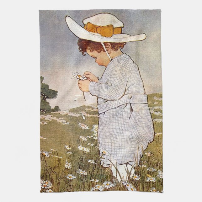 Antique Child Picking Daisies Flowers Tea Towel (Vertical)