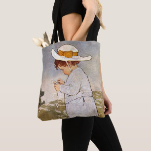 Antique Child Picking Daisies Flowers Tote Bag