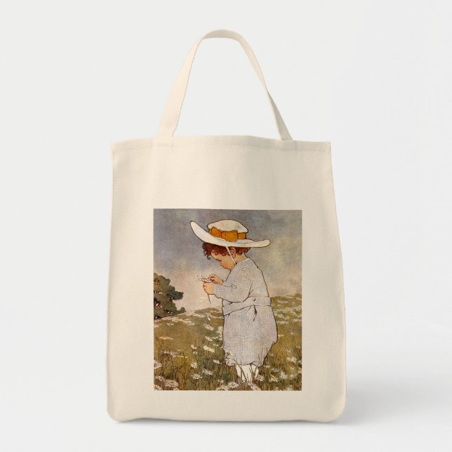 Antique Child Picking Daisies Flowers Tote Bag (Front)