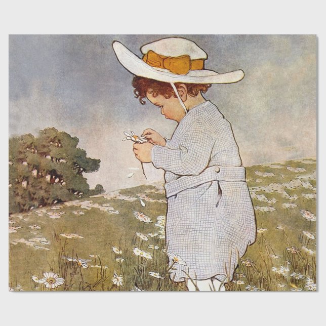 Antique Child Picking Daisies Flowers Wrapping Paper (Flat)
