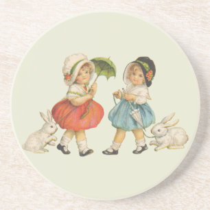 Antique Children Rabbit Easter Art Coaster