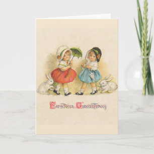 Antique Children Rabbit Easter Art Holiday Card