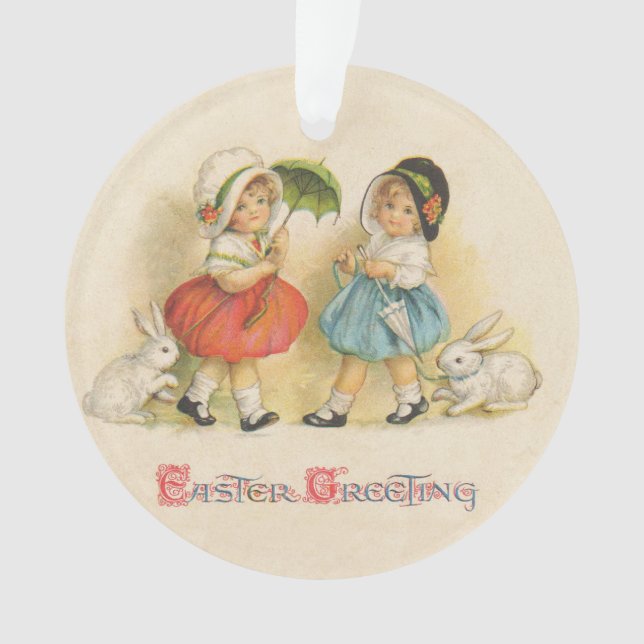 Antique Children Rabbit Easter Art Ornament (Front)