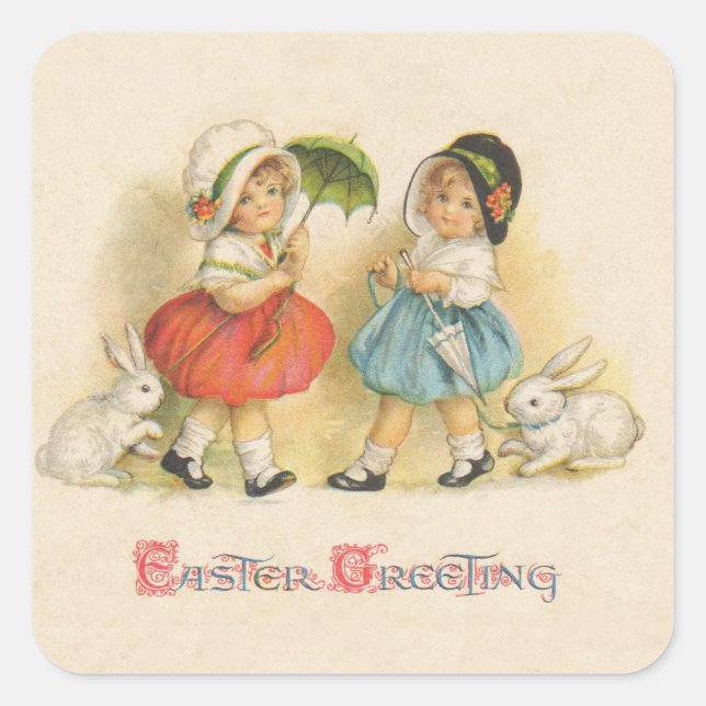 Antique Children Rabbit Easter Art Square Sticker (Front)