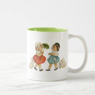 Antique Children Rabbit Easter Art Two-Tone Coffee Mug