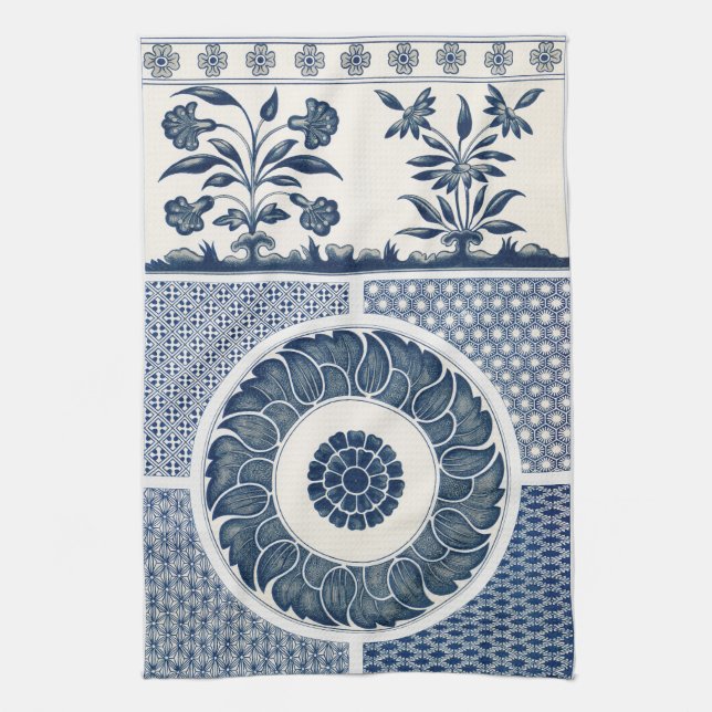 Antique Chinese Blue White Porcelain Pattern Tea Towel (Vertical)