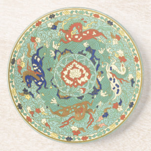 Antique Chinese Circle Blue Green Coaster
