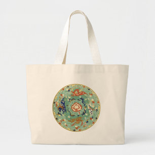 Antique Chinese Circle Blue Green Large Tote Bag