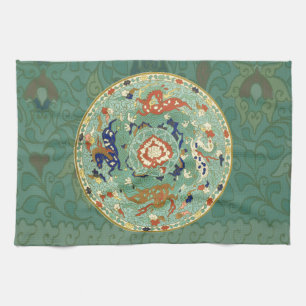 Antique Chinese Circle Blue Green Tea Towel
