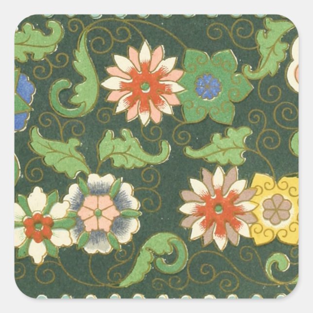 Antique Chinese Cloisonne Pattern: Jade Green Square Sticker (Front)