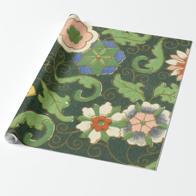 Antique Chinese Cloisonne Pattern: Jade Green Wrapping Paper (Unrolled)