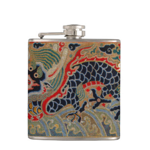 Antique Chinese Dragon Silk Embroidery Pattern Hip Flask