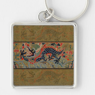 Antique Chinese Dragon Silk Embroidery Pattern Key Ring