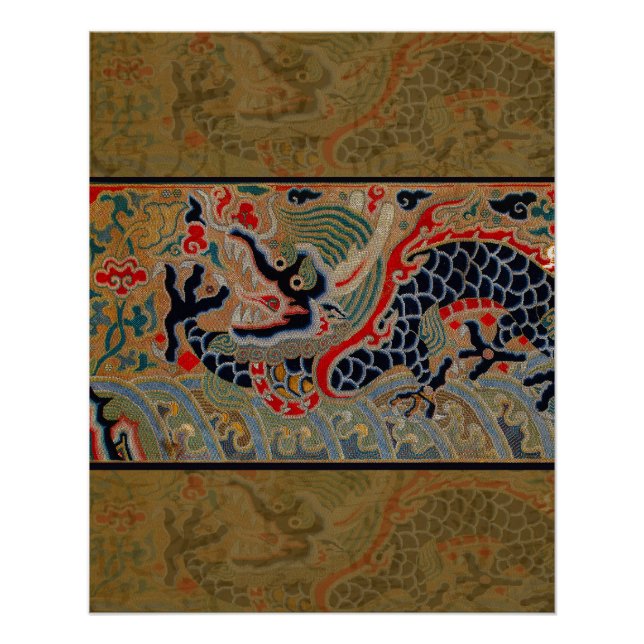 Antique Chinese Dragon Silk Embroidery Pattern Poster (Front)