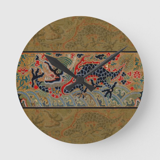 Antique Chinese Dragon Silk Embroidery Pattern Round Clock (Front)