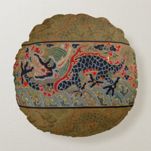 Antique Chinese Dragon Silk Embroidery Pattern Round Cushion