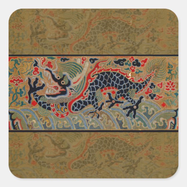 Antique Chinese Dragon Silk Embroidery Pattern Square Sticker (Front)
