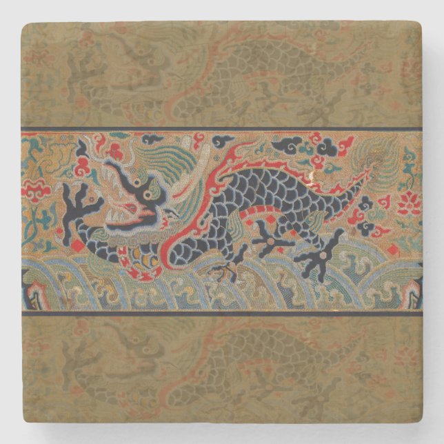 Antique Chinese Dragon Silk Embroidery Pattern Stone Coaster (Front)