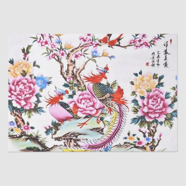 Antique Chinese Floral Birds Chinoiserie Decoupage Tissue Paper (Front)