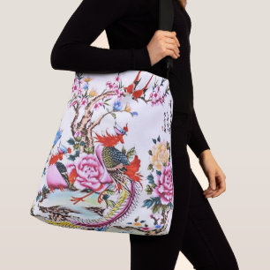 Antique Chinese Floral Birds White Chinoiserie Crossbody Bag