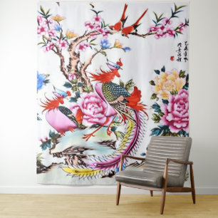 Antique Chinese Floral Birds White Chinoiserie Tapestry