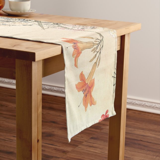 Antique Chinese Flower Painting by Ju Lian Print Short Table Runner (In Situ)