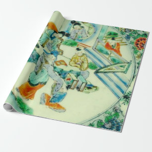 Antique Chinese Green Chinoiserie Floral Decoupage Wrapping Paper