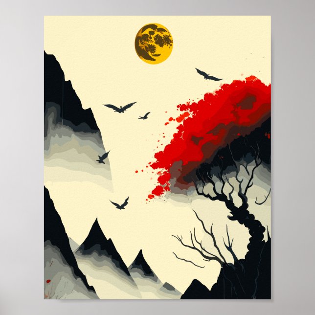 Antique Chinese Ink Painting: Golden Moon and Red Poster (Front)