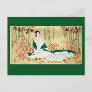 Antique Chinese Painting of Lady in Green & White Postcard