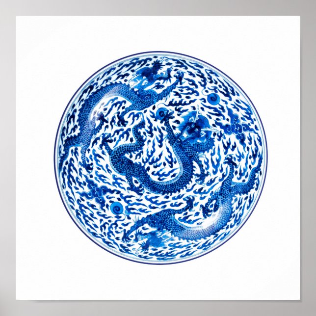 Antique Chinese Plate, Cobalt Blue Dragons Poster (Front)