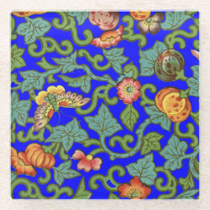 Antique Chinese Porcelain flowers and Butterflies  Glass Coaster