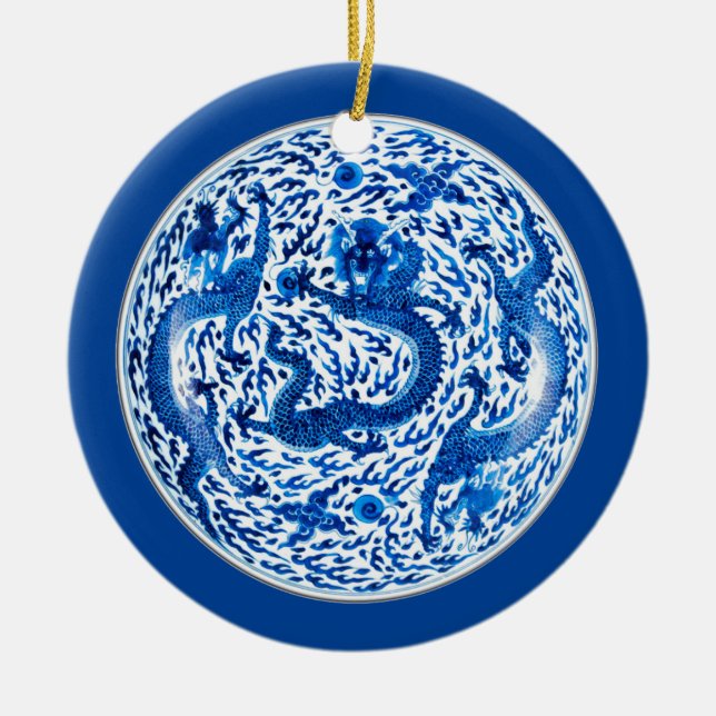 Antique Chinese Porcelain Plate, Cobalt Dragons Ceramic Ornament (Front)