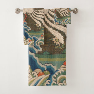 Antique Chinese White Bird Silk Embroidery Print Bath Towel Set