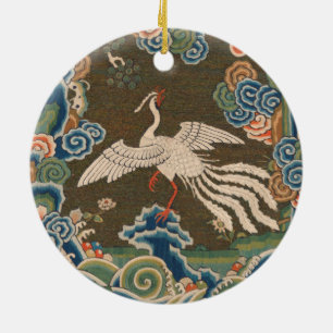 Antique Chinese White Bird Silk Embroidery Print Ceramic Ornament