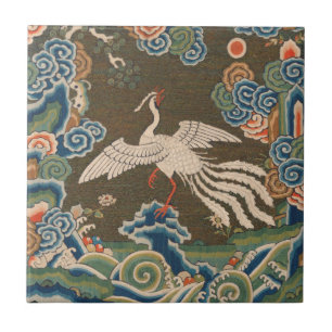 Antique Chinese White Bird Silk Embroidery Print Ceramic Tile