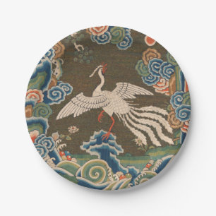 Antique Chinese White Bird Silk Embroidery Print Paper Plate