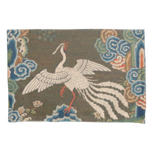 Antique Chinese White Bird Silk Embroidery Print Pillowcase