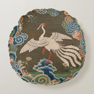 Antique Chinese White Bird Silk Embroidery Print Round Cushion