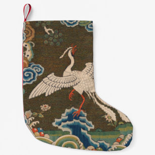 Antique Chinese White Bird Silk Embroidery Print Small Christmas Stocking