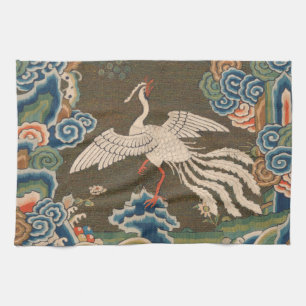 Antique Chinese White Bird Silk Embroidery Print Tea Towel