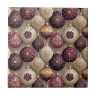 Antique Christmas Bauble Pattern Plum Gold Cream Ceramic Tile