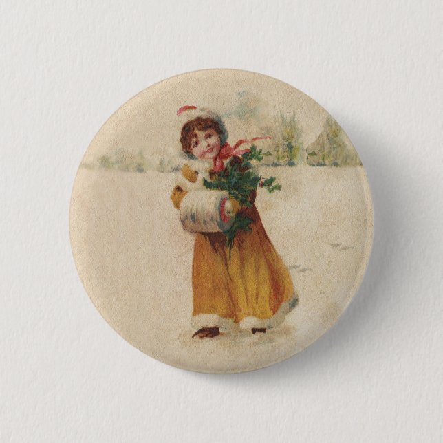 Antique Christmas Girl Winter Child 6 Cm Round Badge (Front)
