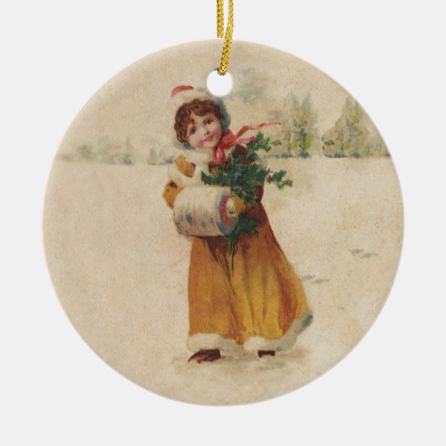 Antique Christmas Girl Winter Child Ceramic Ornament (Front)