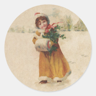 Antique Christmas Girl Winter Child Classic Round Sticker