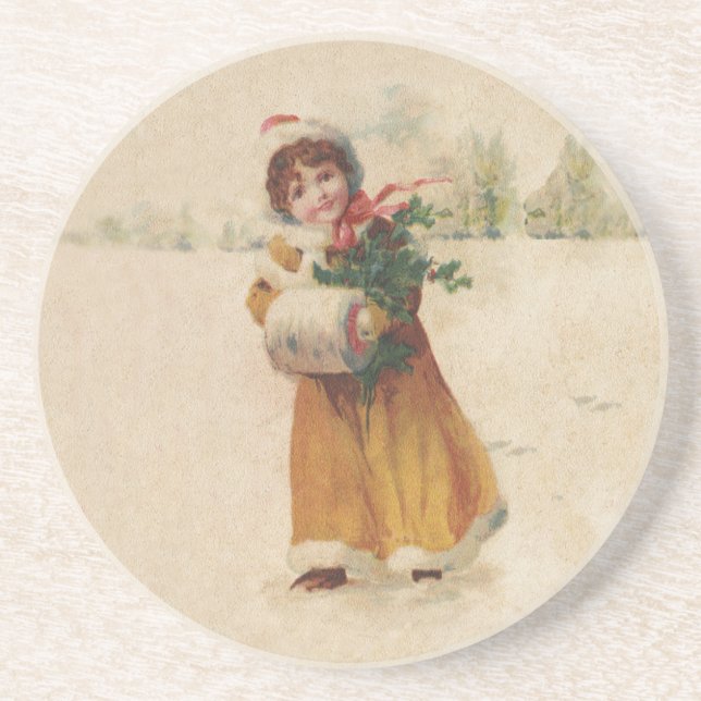 Antique Christmas Girl Winter Child Coaster (Front)