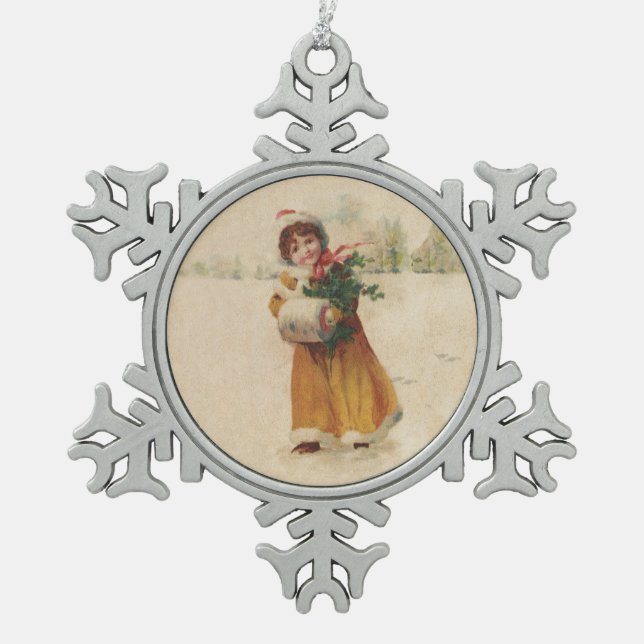Antique Christmas Girl Winter Child Snowflake Pewter Christmas Ornament (Front)