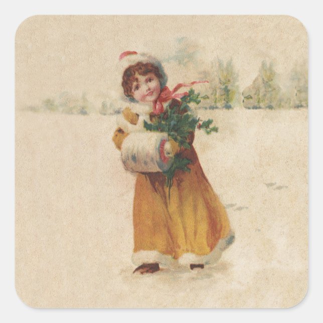 Antique Christmas Girl Winter Child Square Sticker (Front)