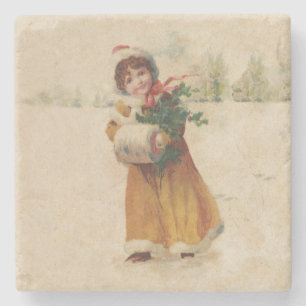 Antique Christmas Girl Winter Child Stone Coaster