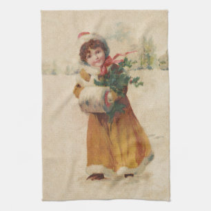 Antique Christmas Girl Winter Child Tea Towel