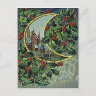 Antique Christmas Post Card-Holly & Crescent Moon Holiday Postcard